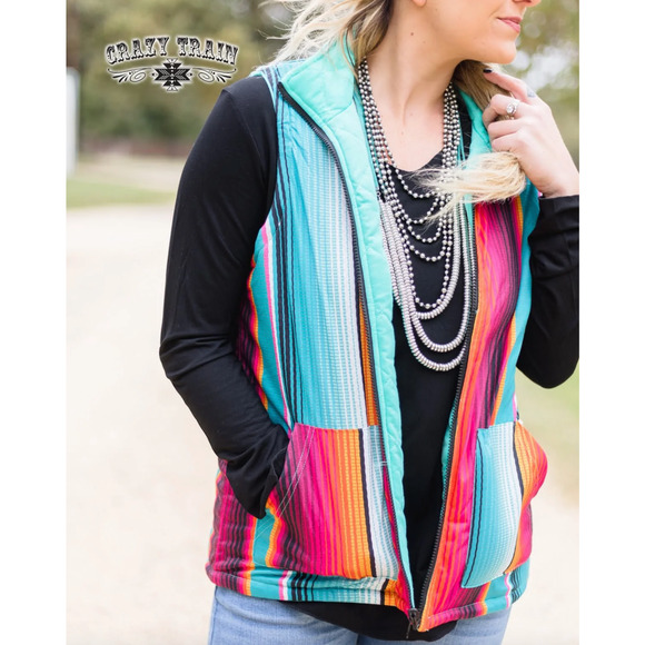 Crazy Train Quilted Reversible Vest Womens S Small Full Zip Western Stripe Top - Picture 1 of 15